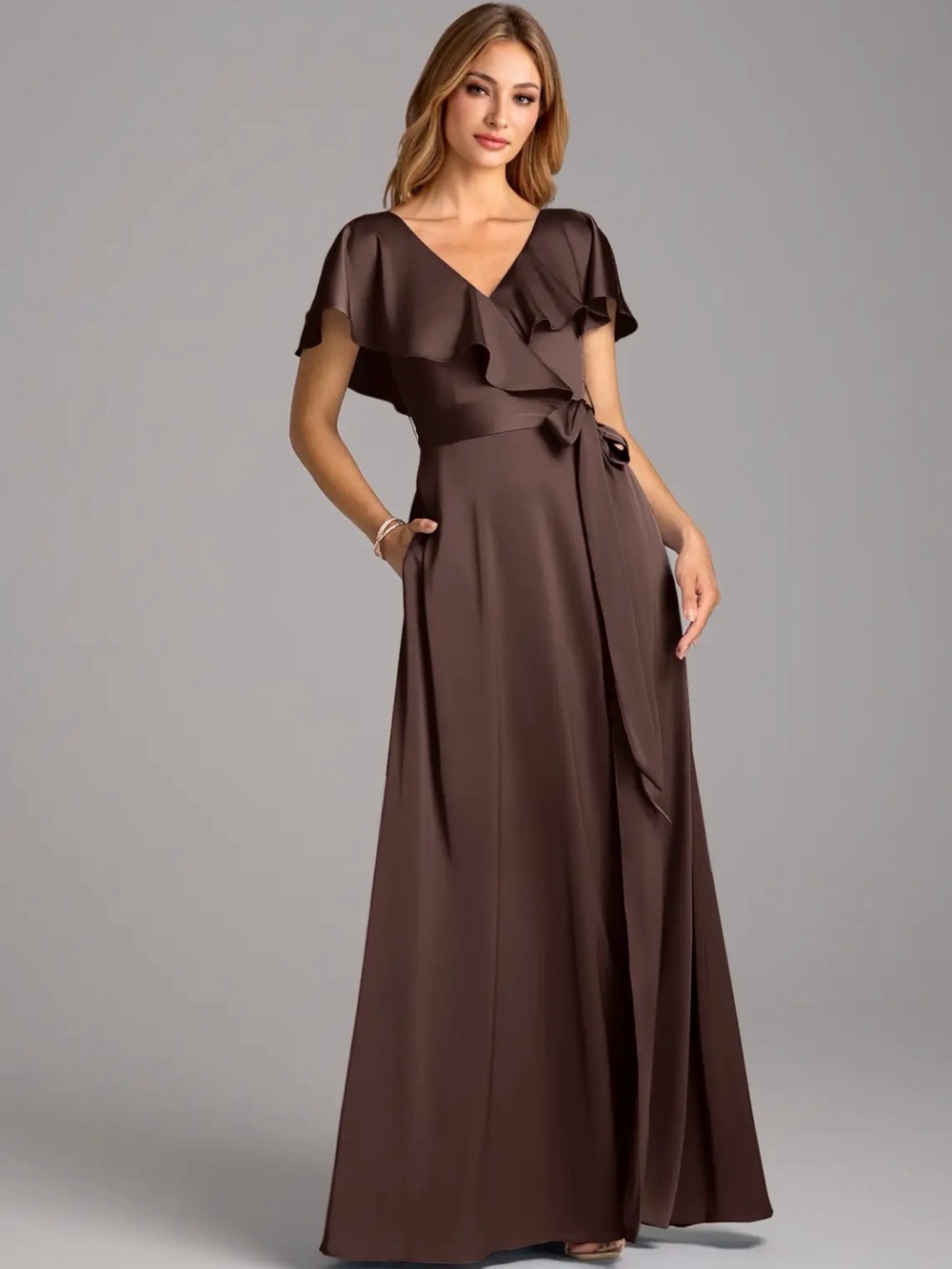 Azazie Lainey Ganache Brown Ruffle Wrap Maxi Dress